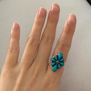 925 Sterling Silver Turquoise Blue Stones Floral Cluster Western Statement Ring